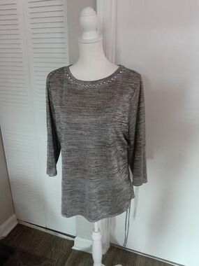Ruby Rd. Gray Embellished Knit Long Sleeve Top